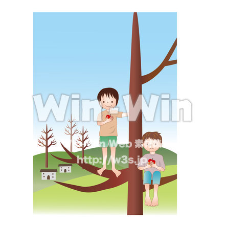 木の上の子どもと寂しい家のCG・イラスト素材 W-019438