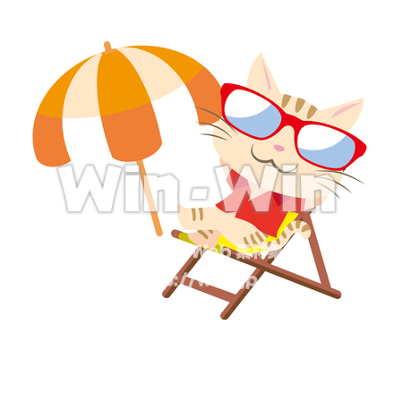 ビーチパラソルの下でくつろぐアロハシャツ猫のCG・イラスト素材 W-019917